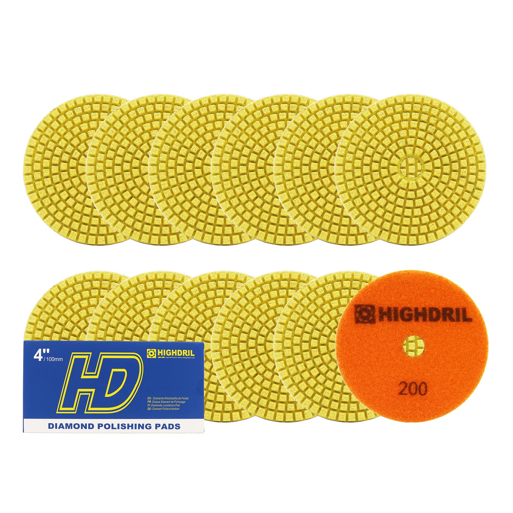 Wet Diamond Polishing Pads,HIGHDRIL 12pcs 100MM #200,for Granite Marble Sanding used on Grinder or Polisher