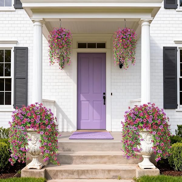 ARTIFICIAL HANGING FLOWERS FOR OUTDOORS, 2 PCS FAKE HANGING PLANT SPRING SUMMER DECOR, UV RESISTANT NO FADE REALISTIC FAUX FLOWER FOR FRONT DOOR PORCH PLANTER PATIO GARDEN YARD(LIGHT PURPLE RED)