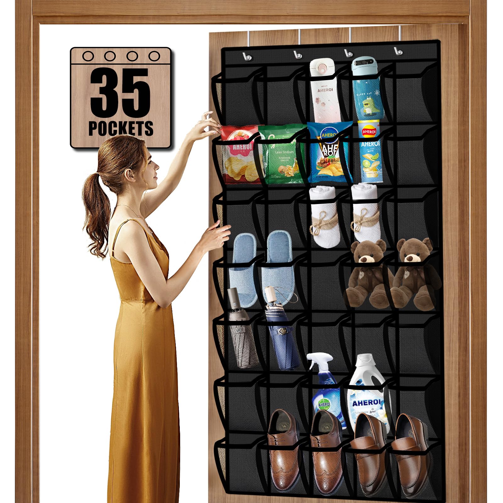 Photo 1 of Aheroi 35 Pockets Large Over the Door Organizer, Breathable Mesh Pockets Hanging Shoe Organizer, Black Door Shoe Organizer Mesh Closet Shoe Holder Hanger Holds Up to 40 lbs, Space Saving Shoe Rack