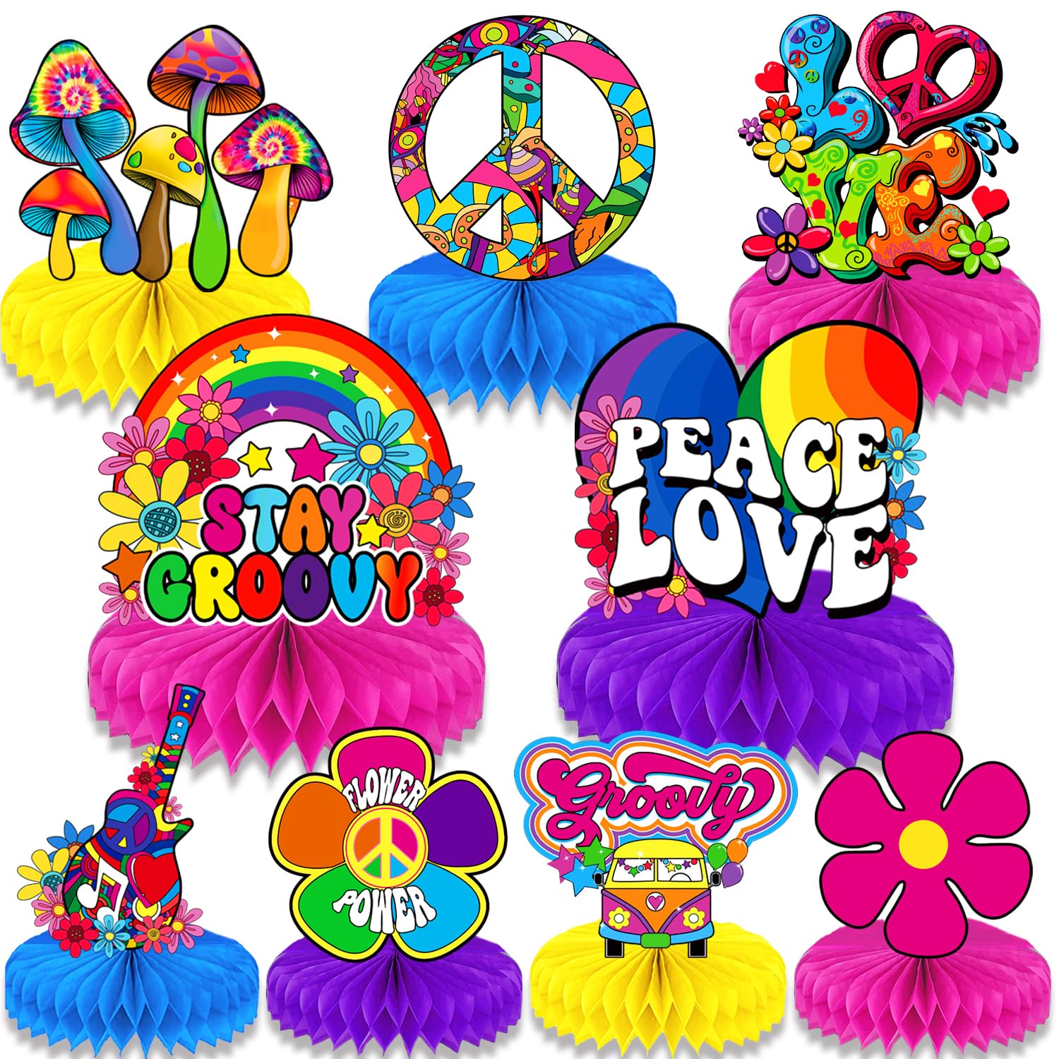 Qpout 9 Piece Groovy Hippie Boho Party Honeycomb Centerpieces Tie Dye Party Table Topper Honeycomb Hippy Retro Flower Rainbow Daisy Peace for 60's 70's Hippie Theme Party Table Decorations