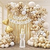 White and Gold Birthday Decorations for Women with Sand White Metallic Gold Confetti Foil Balloons Fringe Curtain Bannner for Golden Birthday Party Decorations for Women