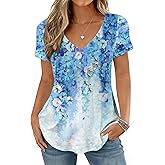 Womens Short Sleeve Summer Tops Button V Neck Tunic Shirts Dressy Casual Loose Fit Outfits