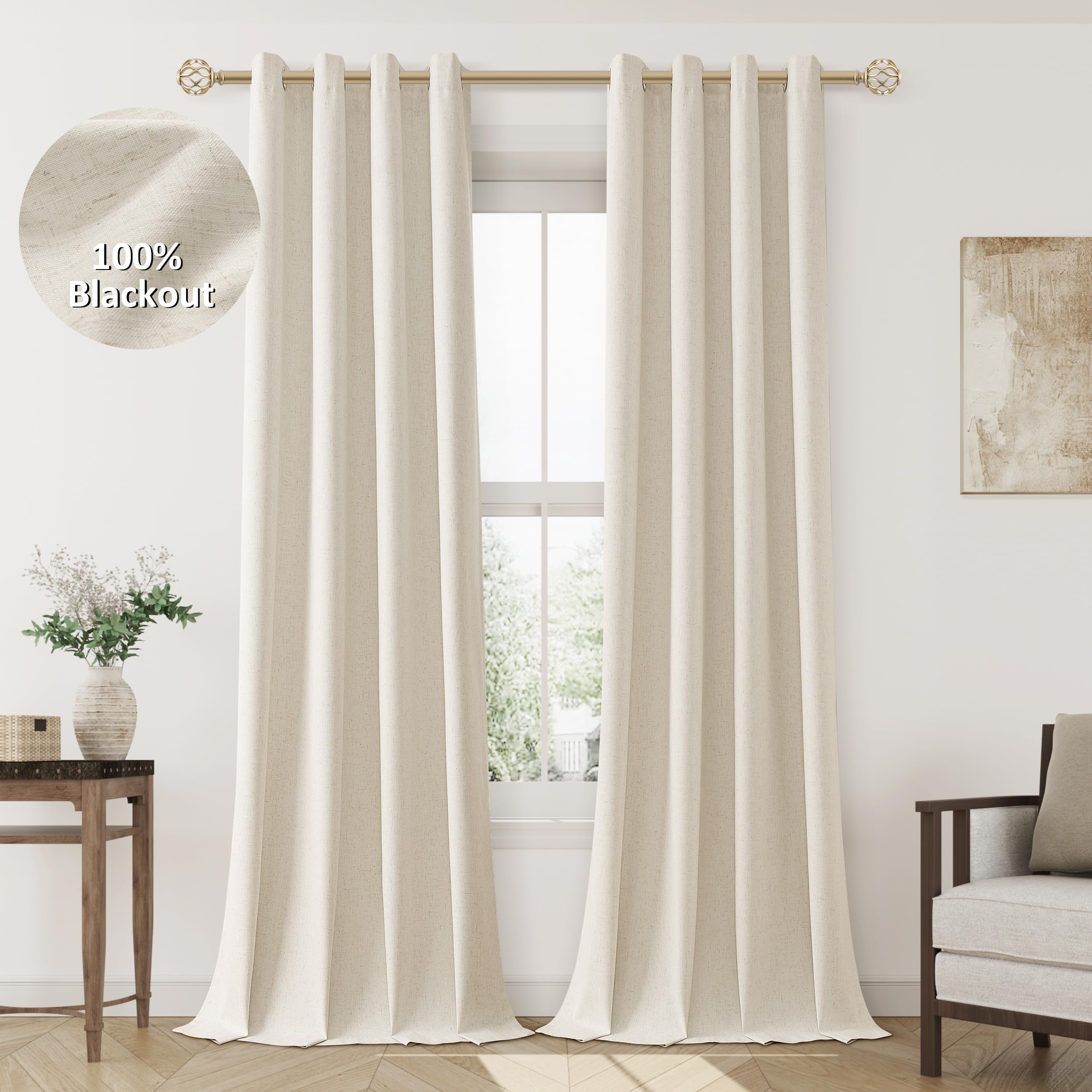 Photo 1 of Jowels Beige Linen Blackout Curtains 100 Length 2 Panels Set for Living Room Bedroom, 100% Black Out Thermal Insulated Linen Drapes, Room Darkening Grommet Curtains 100 Inches Long