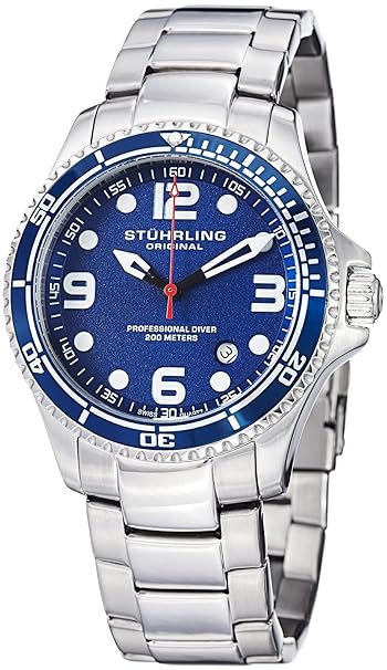 Stuhrling Original Blaues Gesicht Professionelle Taucheruhren für Männer Schweizer Quarz 200 Meter Wasserdichtes Edelstahl Ar