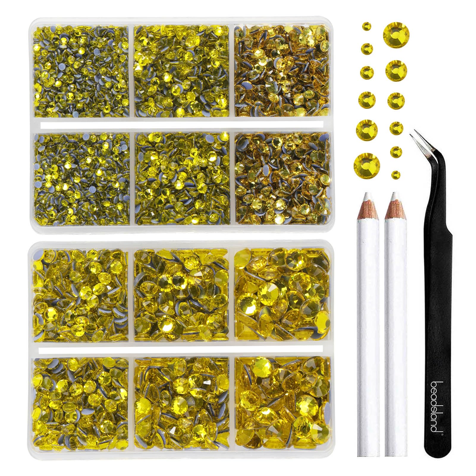 BEADSLAND Hotfix Rhinestones, 6080PCS Lemon Yellow Rhinestones for Clothes Crafts Mixed 6 Sizes with Wax Pencil and Tweezers Kit, SS6-SS30,Citrine