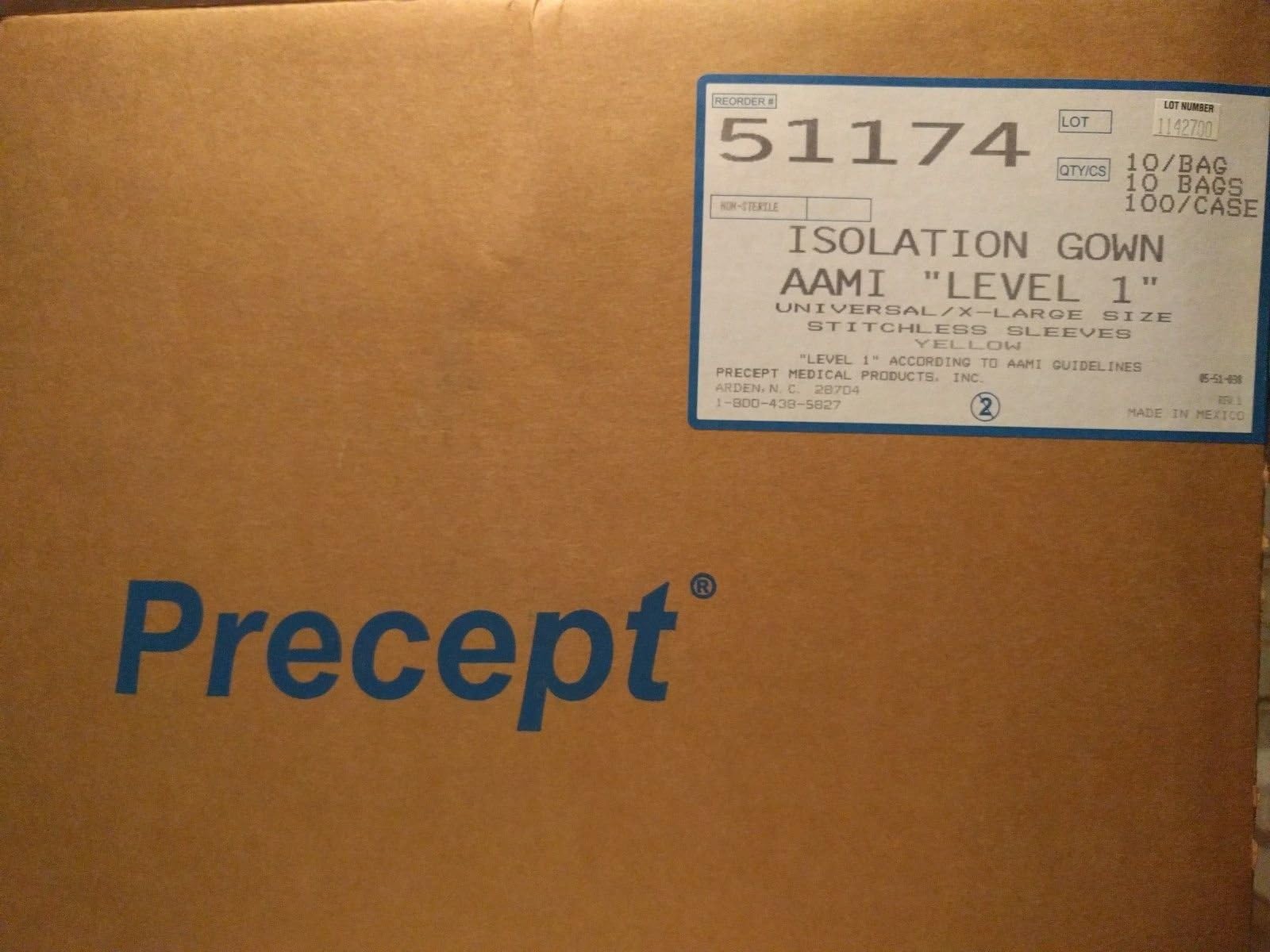 Precept 51174 AAMI Gowns, Level 1, Lightweight, Full Back, Universal, Yellow (Pack of 100)