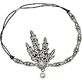 BABEYOND Art Deco 1920's Flapper Great Gatsby Inspired Leaf Medallion Pearl Headpiece Headband Black