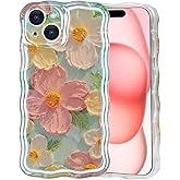 IDweel Case for iPhone 13, Luxury Colorful Retro Oil Painting Printed Flower Glossy Pattern Cute Curly Wave Edge Exquisite Phone Cover Stylish Sturdy TPU Protective Case for Girls Women,Green-1