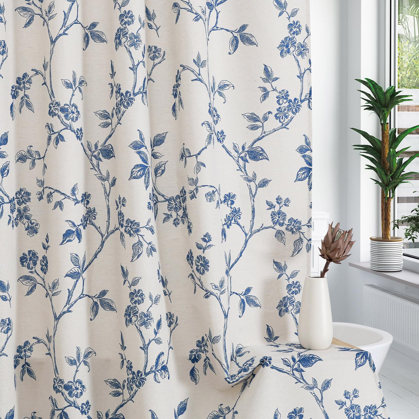 MitoVilla Extra Long Shower Curtain Set 72 x 84, Cotton Floral Cottagecore Spring Shower Curtains for Bathroom, Modern Farmhouse Country Plant Leaves Bathroom Décor