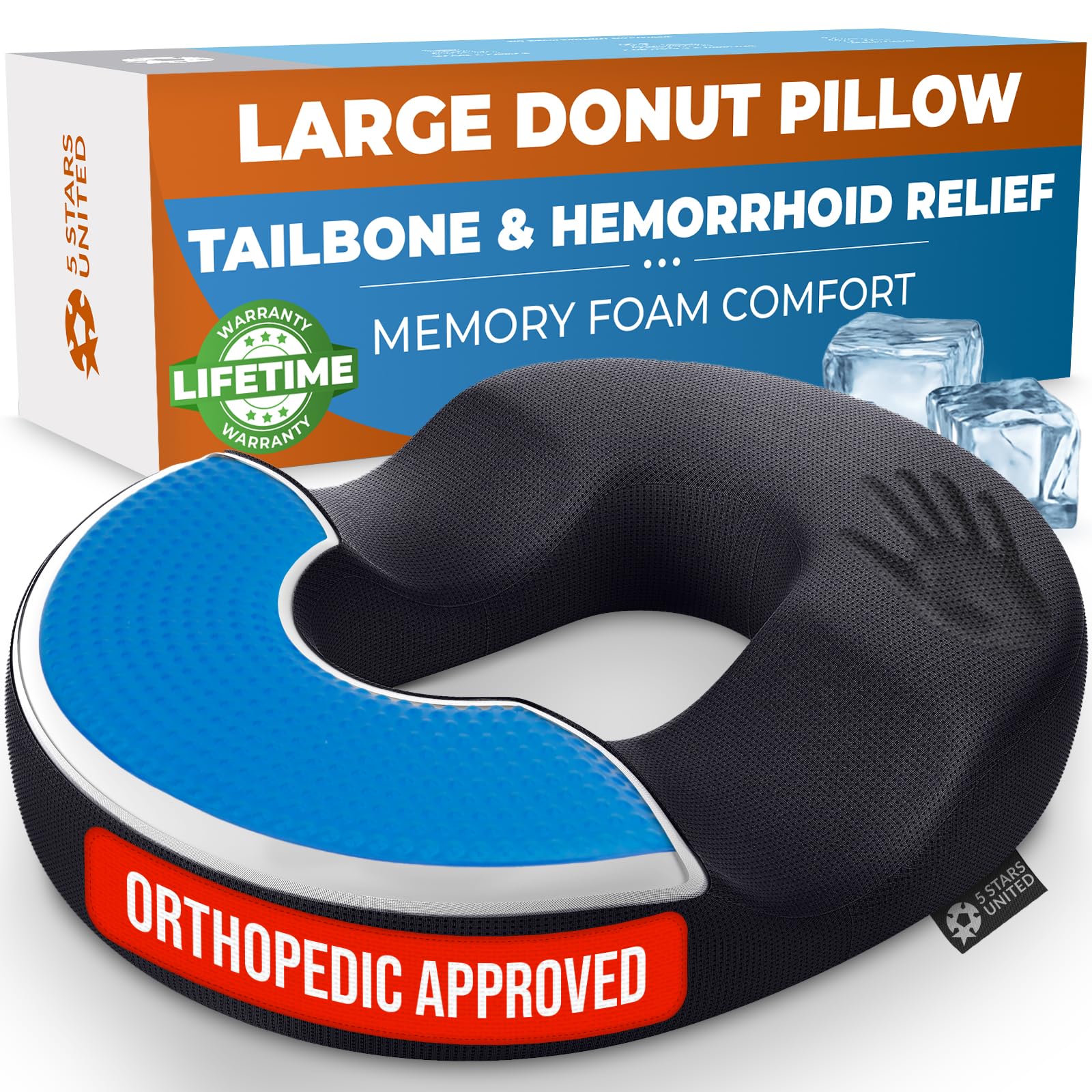 Photo 1 of 5 STARS UNITED Donut Pillow Hemorrhoid Tailbone Cushion – Large Chair Pad for Pain Relief – Coccyx, Prostate, Sciatica, Pelvic Floor, Pressure Sores, Pregnancy, Postpartum Recovery, Arctic Black