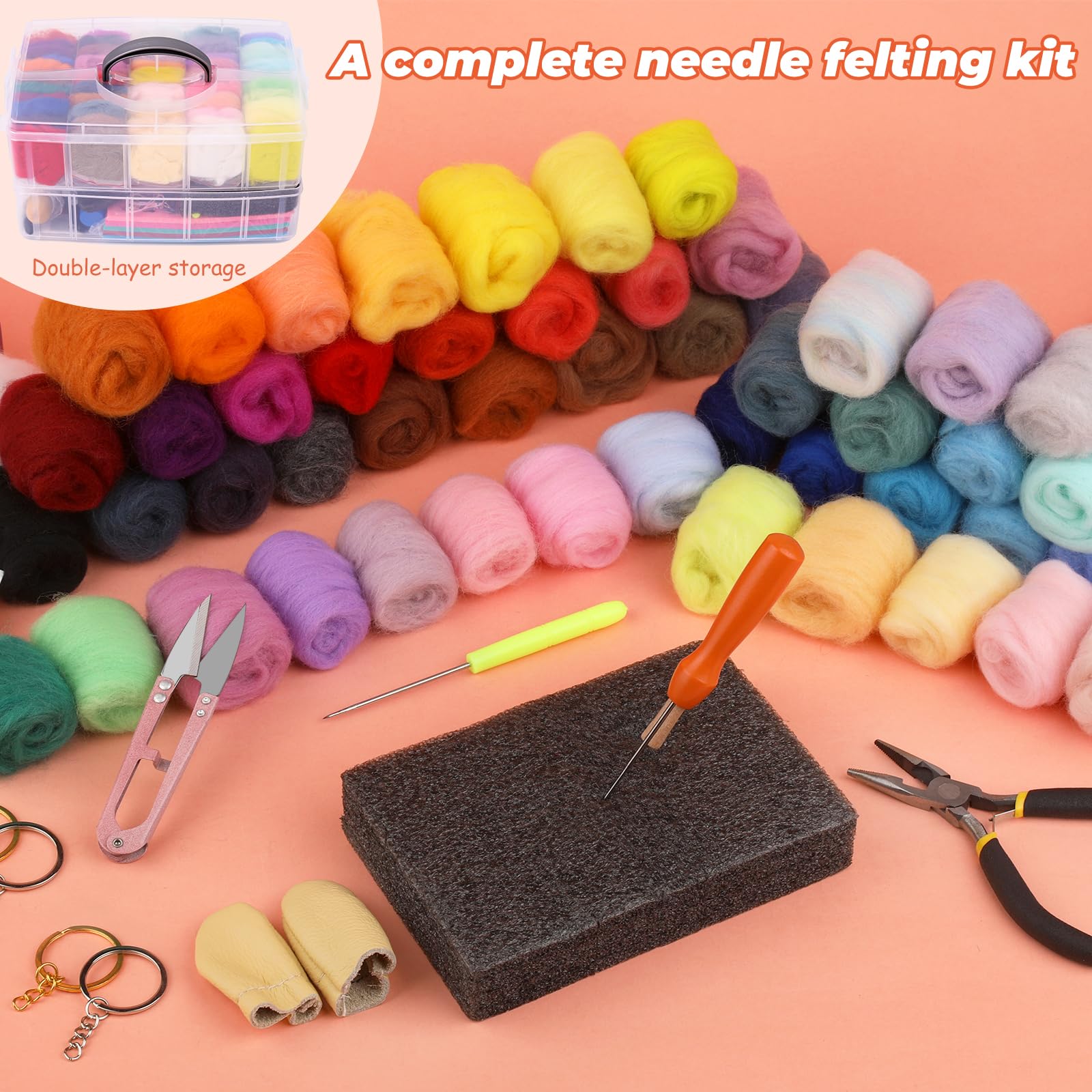 QMNNMA 241 Pcs Needle Felting Kit - Complete Needle Felting Tools and Supplies with Felt Wool 50 Colors, Felt Molds, High Density Foam Pad Storage Box for DIY Craft Animal Home Decoration