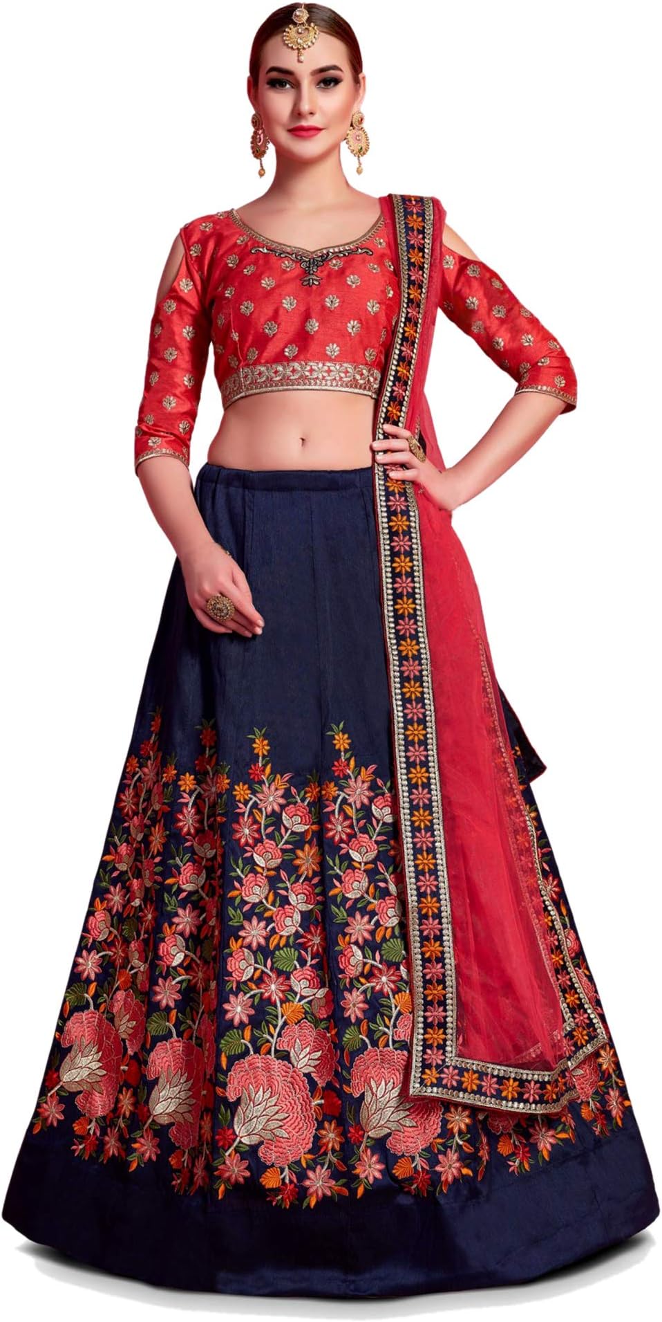 Shree Impex Women's Art Silk Lehenga Choli (fab02_LC_navy_Navy Blue_Free Size)