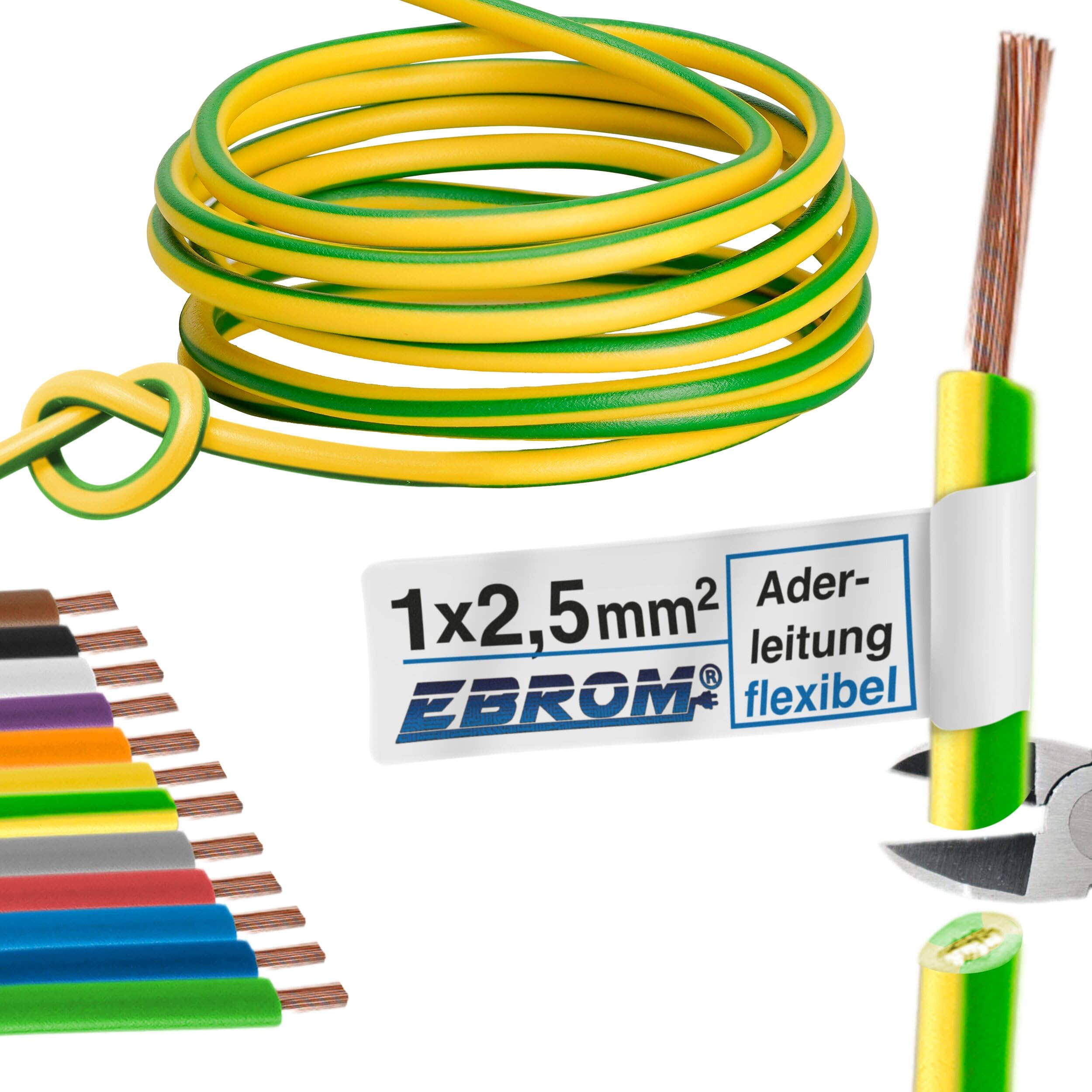 Single-Core Flexible PVC cable - H07V-K 2.5 mm², Colour Green, Yellow, Choose from 10 m / 15 m / 20 m / 25 m / 30 m / 35 m / 40 m / 45 m / 50 m / 55 m / 60 m to 100 m