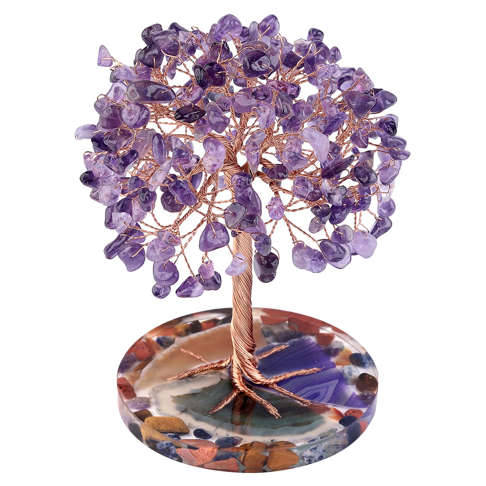 mookaitedecor Natural Amethyst Crystal Tree of Life Healing Crystal Money Tree with Resin Agate Slice Stand, Purple Amethyst Crystal Bonsai Tree Good Luck Feng Shui Ornament for Home Purple Room Decor