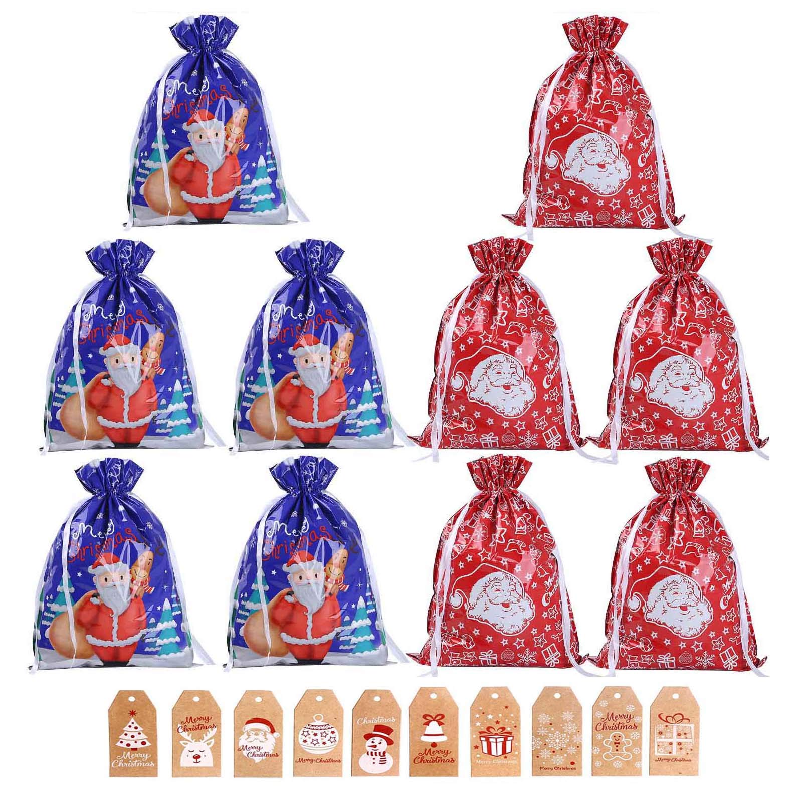 Christmas Wrapping Drawstring Gift Bags,10PCS Xmas Wrapping Bags Large 5*(20inX15.3in)-XL 5*(22.8inX16.9in),Christmas Foil Drawstring Presents Bags