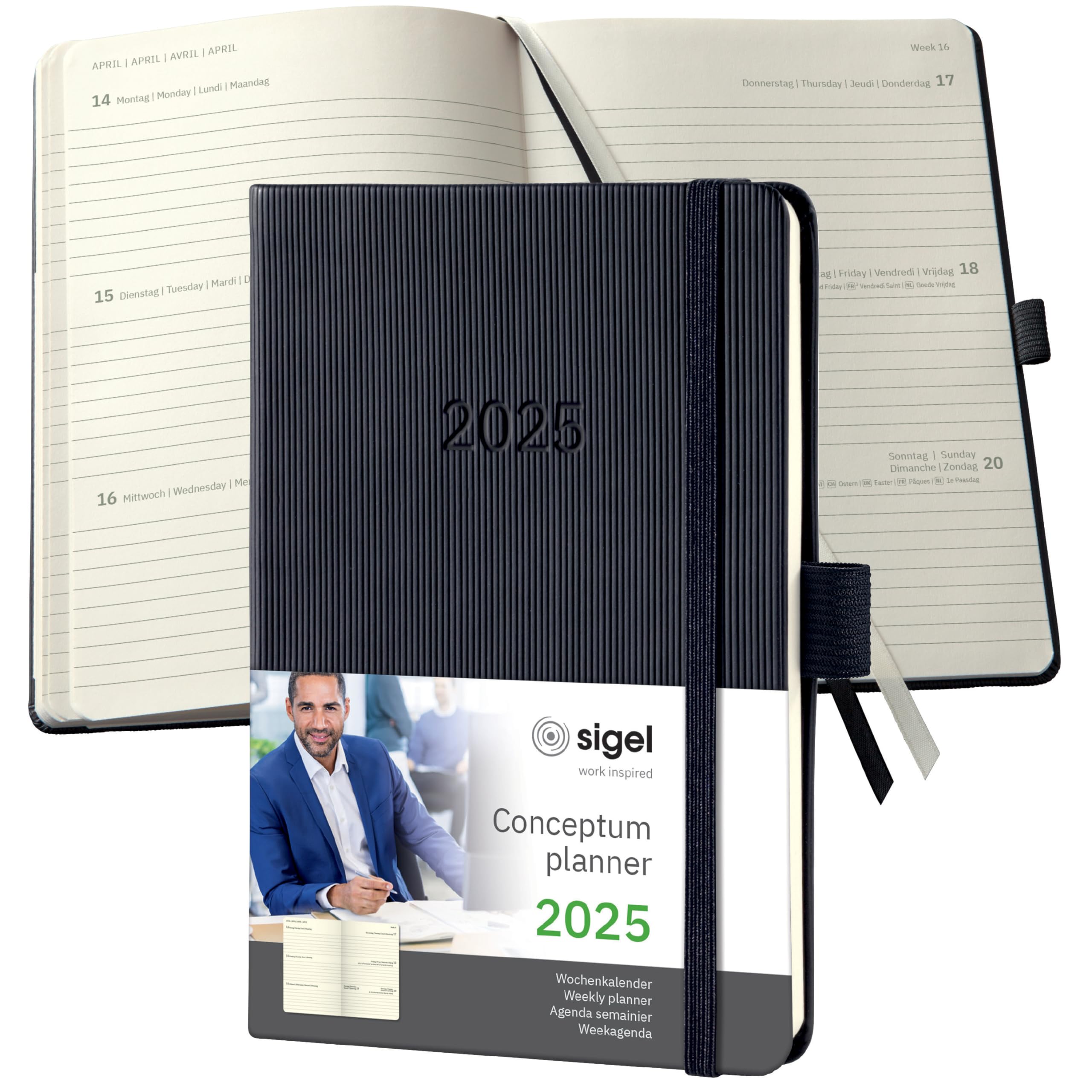 SIGEL C2513 Conceptum Weekly Planner 2025, Approx. A6, Black, hardcover, 2 Pages = 1 Week, 176 Pages