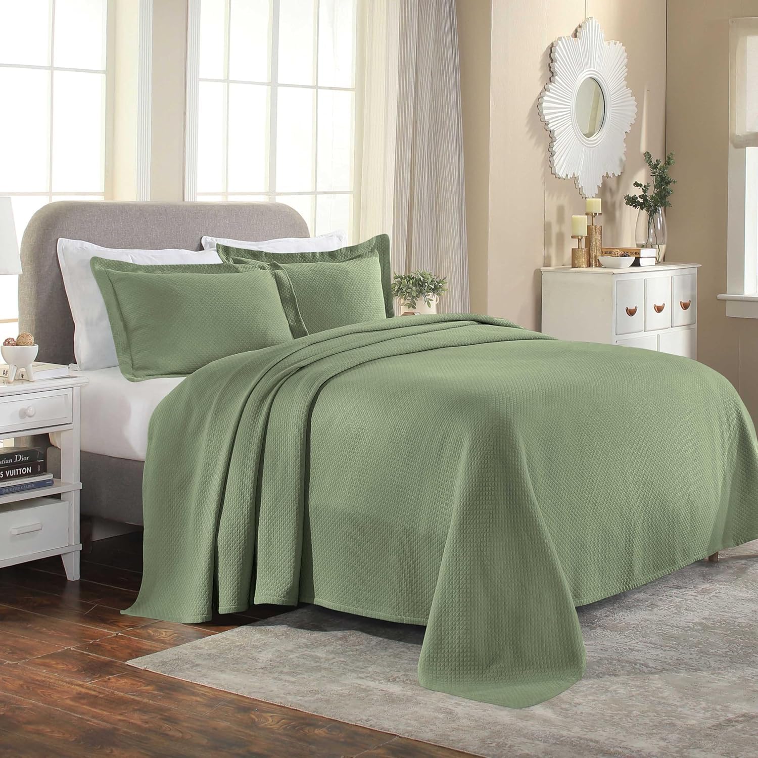 Photo 1 of Superior Solitaire Cotton 3 Piece Bedspread Set, Home Bed Decor, Decorative Textured Bed Spread, 2 Pillow Shams, Airy Blanket, Matelasse Coverlet Bedding, All-Season Accent Blanket, Queen, Sage