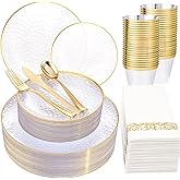 Rubtlamp 175 Pcs Plastic Dinnerware Set (25 Guests), Clear And Gold Plastic Plates, Hammered Party Plates Include Dinner Platos, Dessert Platos, Cups, Gold Cutlery Set And Napkins for Party