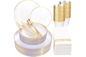 Rubtlamp 175 Pcs Plastic Dinnerware Set (25 Guests), Clear And Gold Plastic Plates, Hammered Party Plates Include Dinner Platos, Dessert Platos, Cups, Gold Cutlery Set And Napkins for Christmas