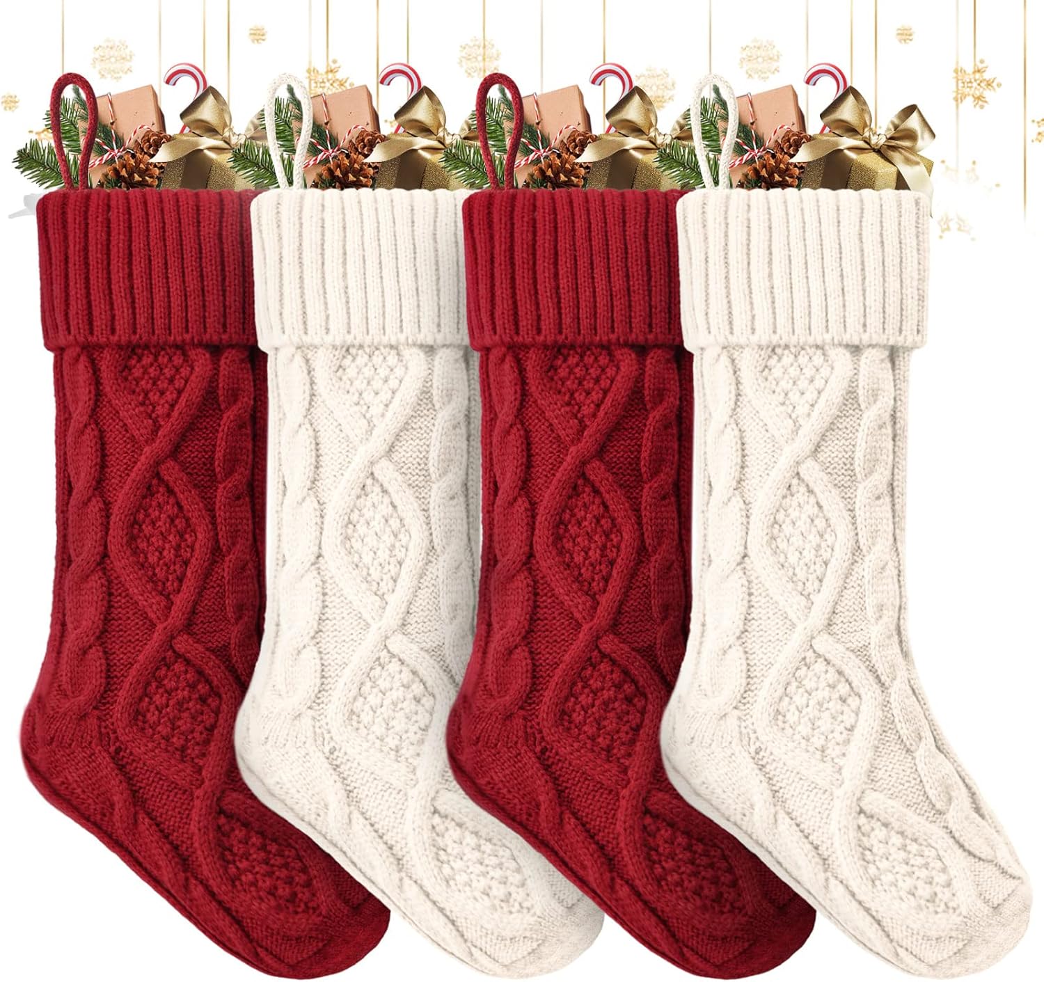 Stockings & Holders - ZIFTY Christmas Stockings 4 Pack 18 Inches Large Decor Knitted Xmas Stocking Soft Warm Double-Sided Classic Decoration for Family Holiday Party Christmas Ornaments(Burgundy Red & White)