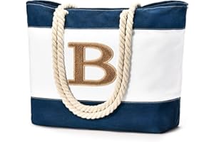Becokan Initial Beach Bag Waterproof Canvas Beach Tote Bag Zipper Personalized Gifts for Women Her Birthday Travel Essentials
