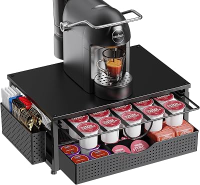 Support de dosettes de café K avec tiroir de rangement coulissant à 2 niveaux et 1 panier suspendu pour 51 grandes ou 73 petites capsules, accessoires de rangement pour comptoir, bureau, cuisine (noir