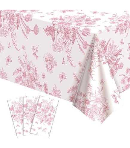 Coterie Pink Toile Paper Tablecloth | Rectangle Tablecloth/Table Cover for Bridal and Baby Shower, Tea Party, Garden Party, Birthday