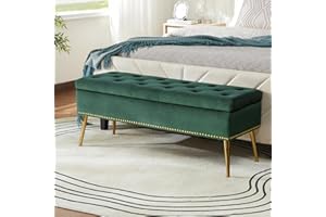 HULALA HOME Modern Velvet Storage Ottoman Bench with Gold Base & Nailhead Trim, Upholstered Bedroom Bench for End of Bed, Button-Tufted Footstool for Entryway Living Room Dining Room, Green