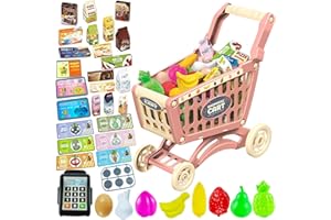 [Newest] Yeeyuue Kids Shopping Cart Toy, Toddler Shopping Cart with 54 PCS Shop Accessories & Storage Properties, Included Grocery Cart Toy, Credit Card, Pretend Fruit Vegetables (Pink)