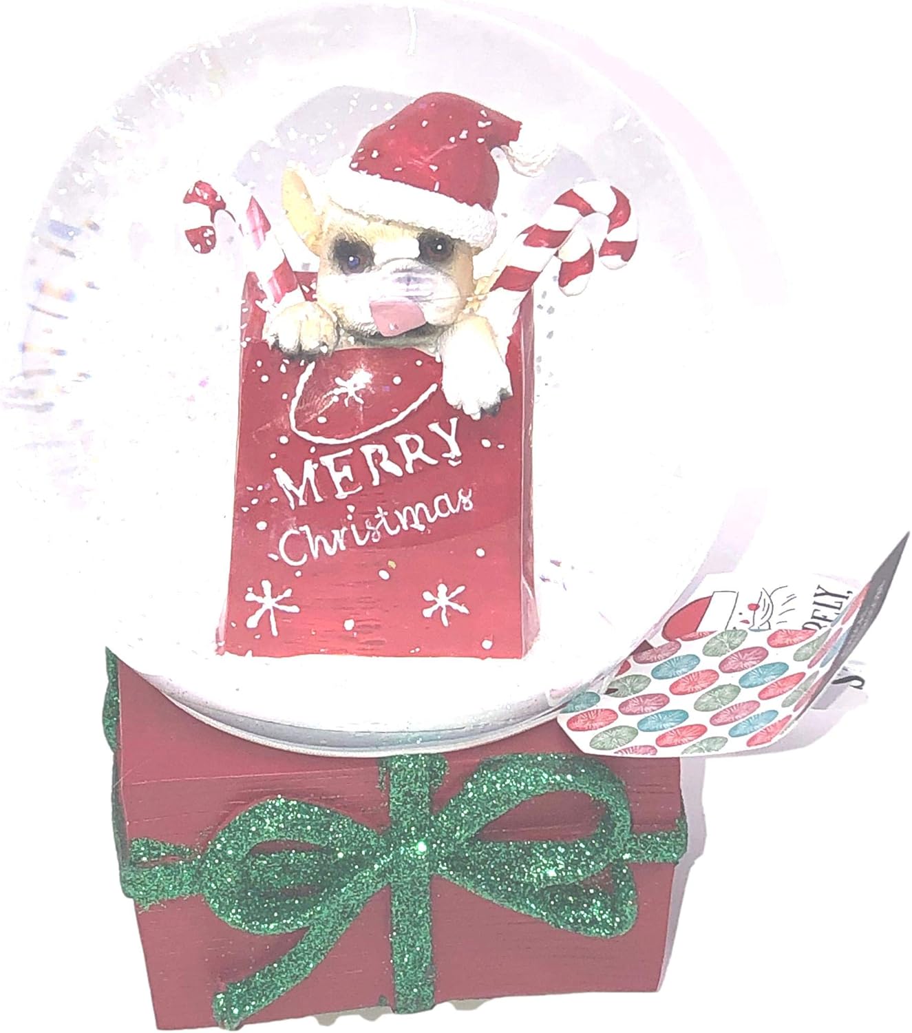 Snow Globes - French Bulldog Wearing Santa Hat in Merry Chirstmas Gift Bag with Candy Canes Musical Snow Globe - Plays Jingle Bells