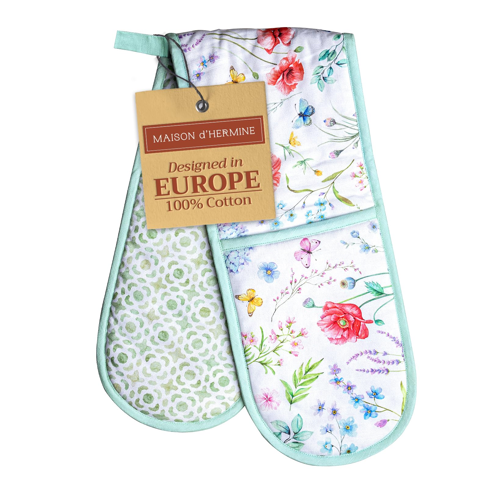 Maison d' Hermine Double Oven Mitts 100% Cotton 18 cm x 89 cm Double Oven Mitt Heat Resistant BBQ Cooking Gloves with Loop Baking Grilling Handling Hot Pans Gifts for Mothers Day (Just Floral)