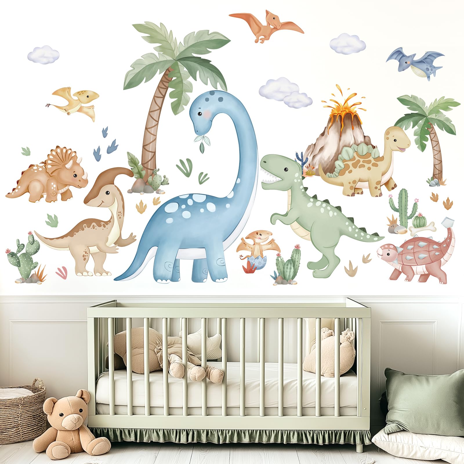 wondever Large Boho Dinosaur Wall Stickers Watercolor Dino Tropical Plants Volcano Peel and Stick Wall Art Decals for Baby Nursery Kids Bedroom Playroom