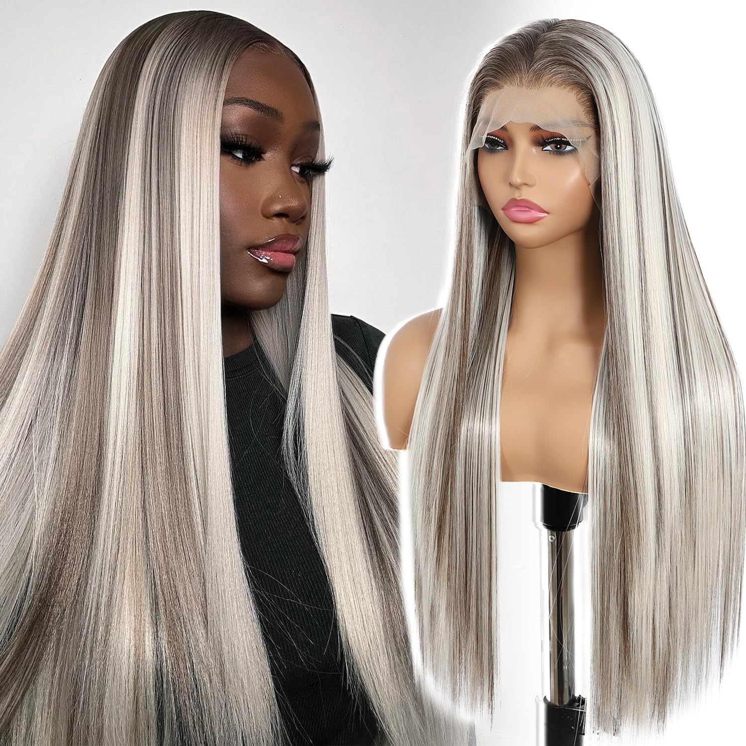 SOMIARIK Platinum Blonde Lace Front Wigs for Women 13x6 Brown Highlight with Dark Roots Synthetic Lace Front Straight Wigs Pre plucked with Natural Hairline for Daily Use 26 Inches — image 1