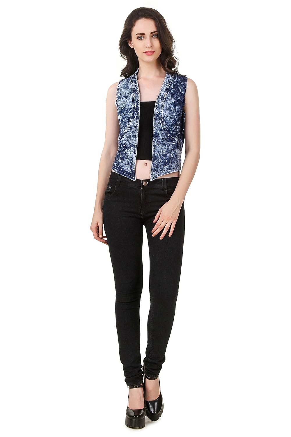 clo clu blue mandarin collar acid washed denim casual shrug