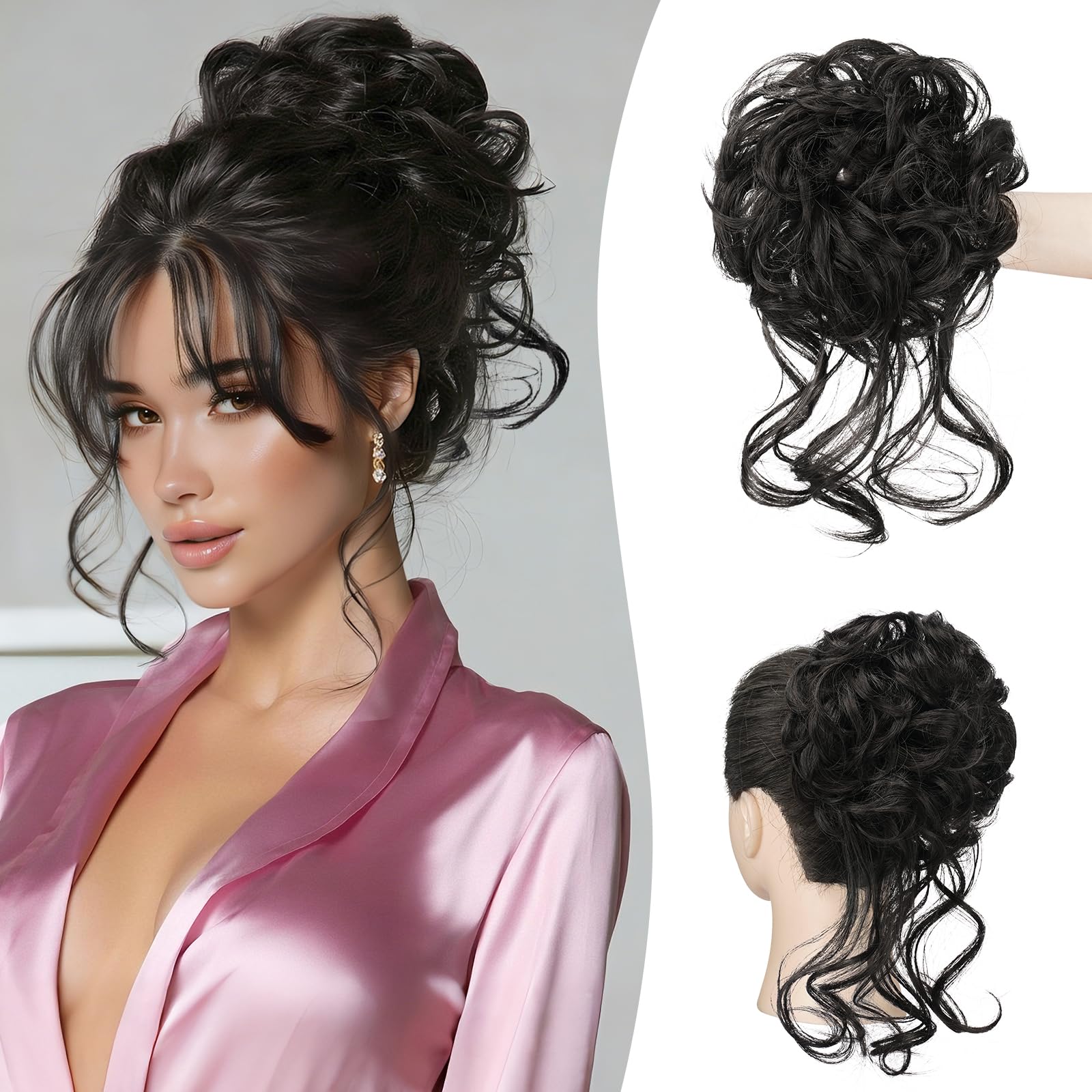 Sofeiyan Messy Bun Hair Piece Curly Wavy Hair Extensions Synthetic Tousled Updo with Tendrils Hairpieces Bun Donut Accessories Scrunchies for Women, Darkest Brown