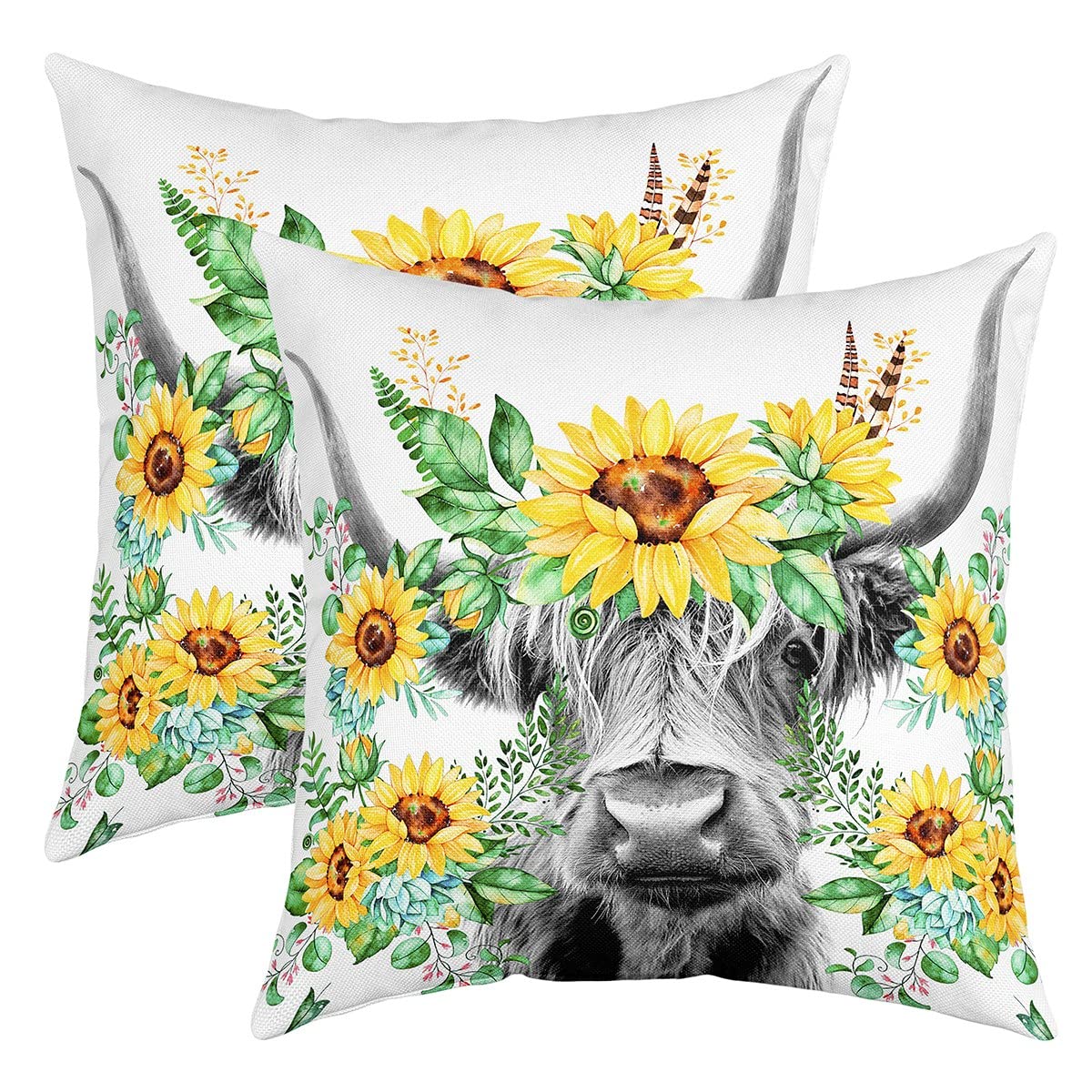 Set of 2 Highland Cow Throw Pillow Covers Highland Cattle Sunflower Cushion Case for Home Living Room Decor Reversible Animal Botanical Yellow Floral Decorative Throw Cushion Case 16x16 Inch