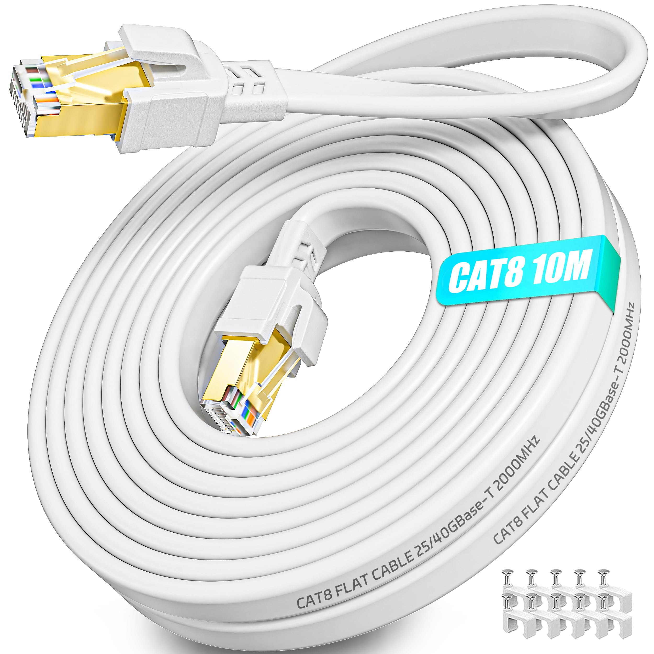 Soibke Ethernet Cable 10m, Cat 8 High Speed Internet Cable 10 Meter 40Gbps Flat Lan Network Cable White RJ45 Gigabit 2000MHz Outdoor Indoor Patch Cord for Router Modem — image 1