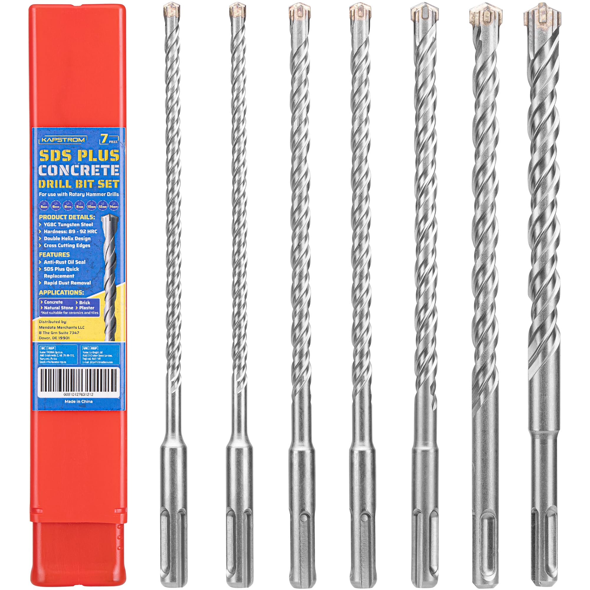 KapStrom 7-Pc SDS Plus Carbide Drill Bit Set (6/8/10/12/14mm) for Rotary Hammers & Impact Drills, Tungsten Tipped Drill Bits for Concrete, Masonry, Brick & Natural Stone