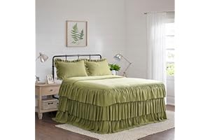 HIG 3 Piece Ruffle Skirt Bedspread Set King - Sage Color 30 inches Drop Ruffled Style Bed Skirt Coverlets Bedspreads Dust Ruf