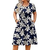 IN'VOLAND Womens Plus Size Summer Dress Short Sleeve Casual Mini Dresses Empire Waist T-Shirt Dress with Pockets