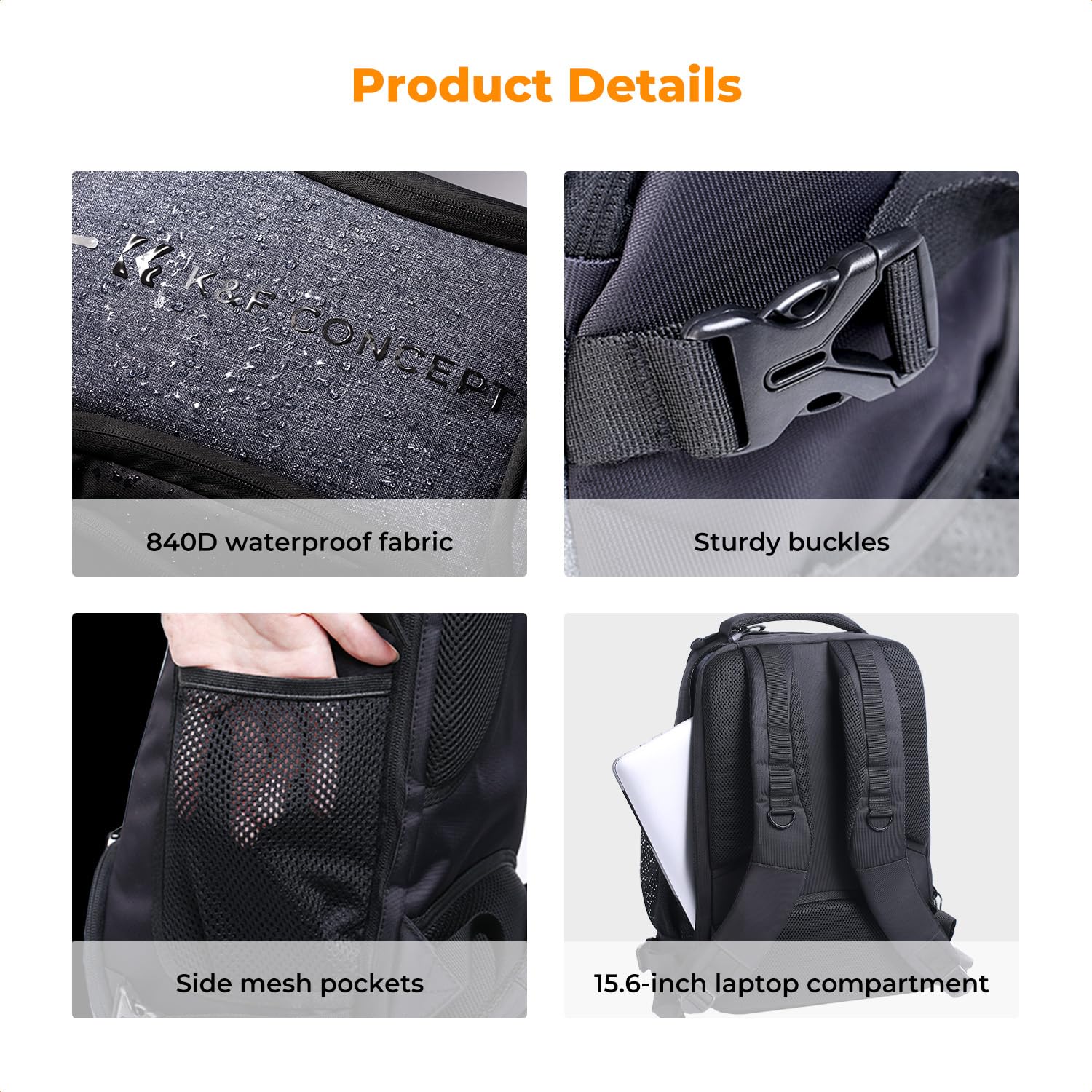 K&F CONCEPT Kamerarucksack wasserdicht Fotorucksack für Canon Nikon Sony Spiegelreflexkameras, Drohne, Objektiv, Laptop, Stativ und Zubehör 6