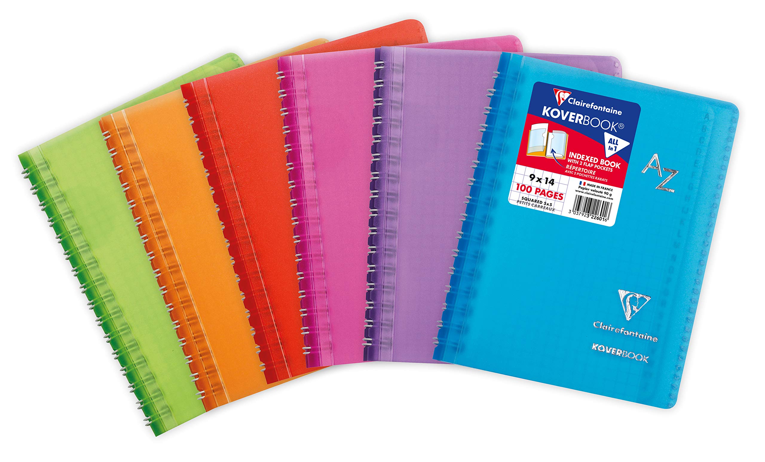Clairefontaine 322601C - One Koverbook Spiral Index Book - 9x14 cm - 100 Small Square Pages - 90 g White Paper - Polypro Wraparound Cover - Random Colour