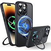 FNDMIL 360°Rotatable Magnetic Ring for iPhone 14 Pro Case Compatible with MagSafe [Non-Slip Texture Edge] [Built-in Kickstand] [Military Shockproof] Translucent Matte Soft Silicone Bumper Slim,Black
