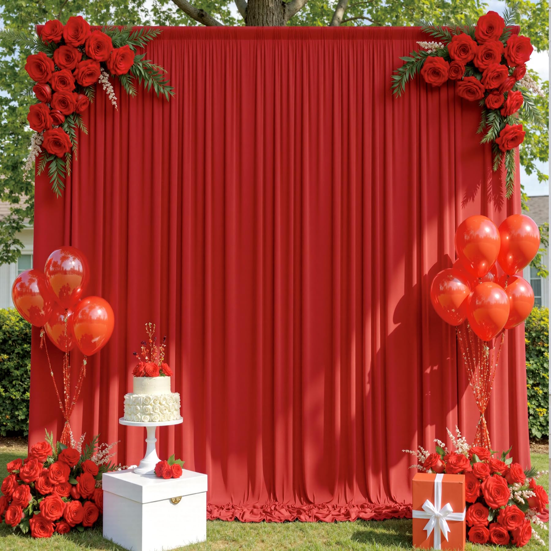 Photo 1 of 10x10ft Wrinkle Free Red Backdrop Curtains for Parties, 2 Panels 5x10ft Silky Polyester Photo Backdrop Drapes Back Drop Cloth for Wedding Birthday Photography Baby Shower Background Decor