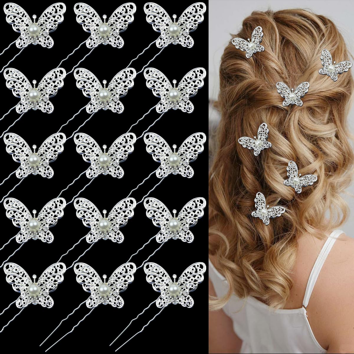 Photo 1 of 15 Pieces Butterfly Hair Pin Butterfly Hair Clips alloy Rhinestone Crystal Pearl Hair Clips Bridal Wedding Hair Pins Bride Bridesmaid Headwear Hair Accessories for Women Girls