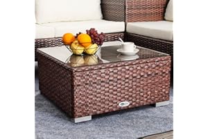 DIMAR GARDEN Outdoor Coffee Table Wicker Patio Side Table with Glass Top, 25.2in Mixed Brown