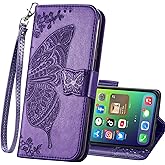 HAOTP for iPhone Air Phone Case Wallet,Women Flip Folio Cover with Credit Card Holders Emboss Butterfly Flower PU Leather Purse Wrist Strap Kickstand Case for Woman Man Purple