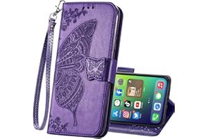 HAOTP for iPhone 14 Pro Max Wallet Case,PU Leather Flip Protective Phone Case Wrist Strap Credit Card Holder Pocket Emboss Butterfly Flower Kickstand Case for iPhone 14 Pro Max Purple
