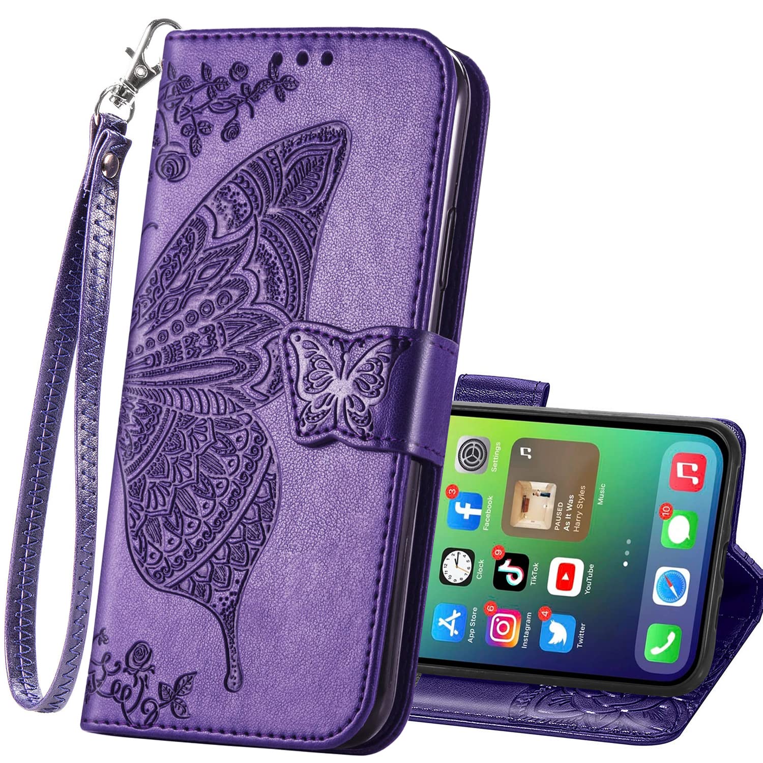for iPhone 17E / iPhone 16E Phone Case Wallet,Women Flip Folio Cover with Credit Card Holders Butterfly Flower Embossed PU Leather Purse Magnetic Wrist Strap Kickstand Case for iPhone 16E Purple