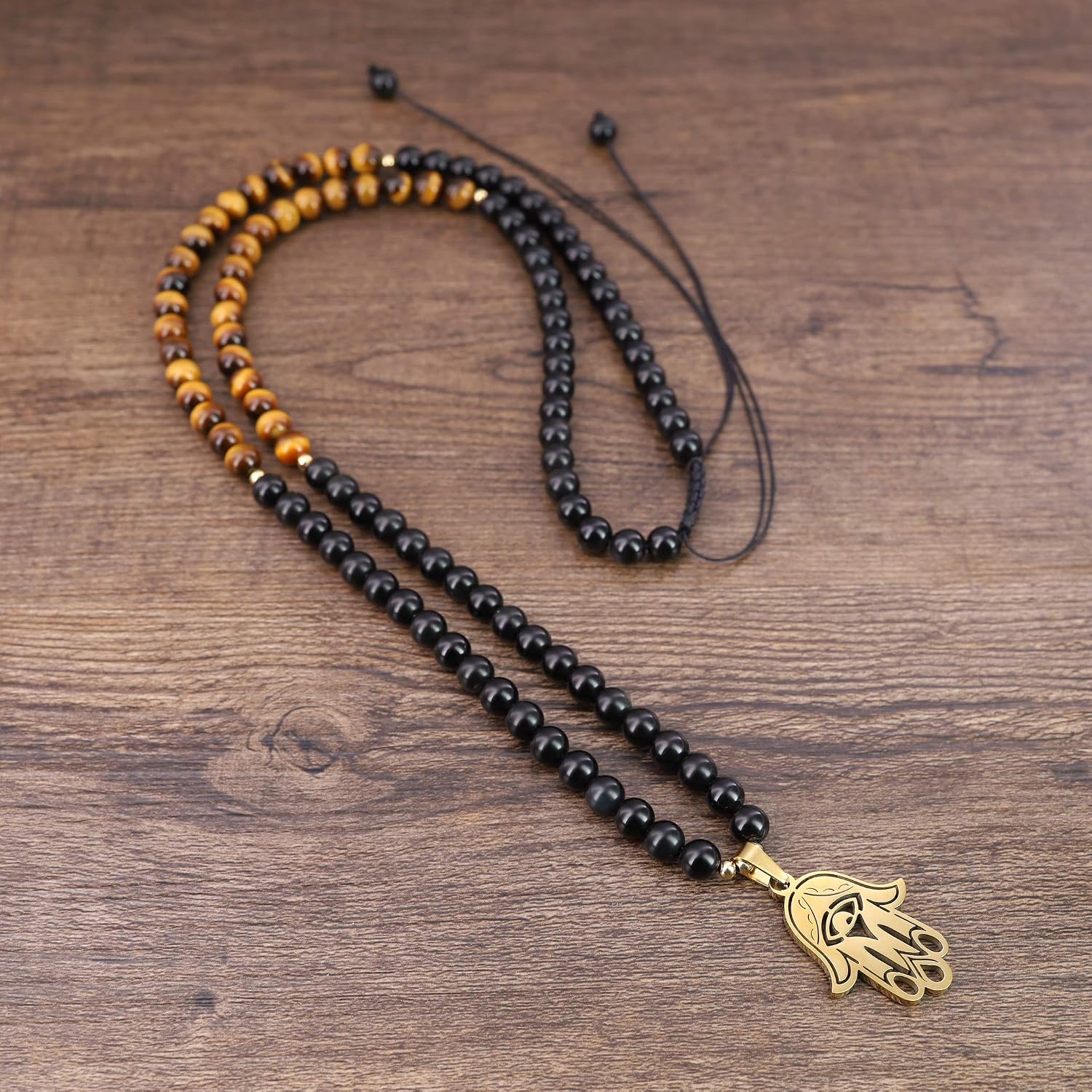 COAI Hamsa Hand Black Obsidian Tiger Eye Stone Beaded 108 Mala Necklace, Golden-Brown or Golden-Yellow, Mittel - Image 3